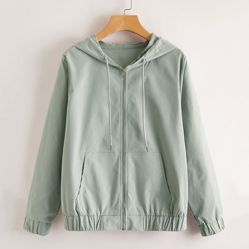 

Solid Zip Up Drawstring Jacket, Mint green
