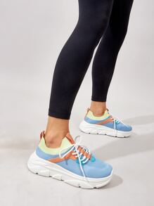Colorblock Lace Up Decor Knit Sneakers - Blue - View 2