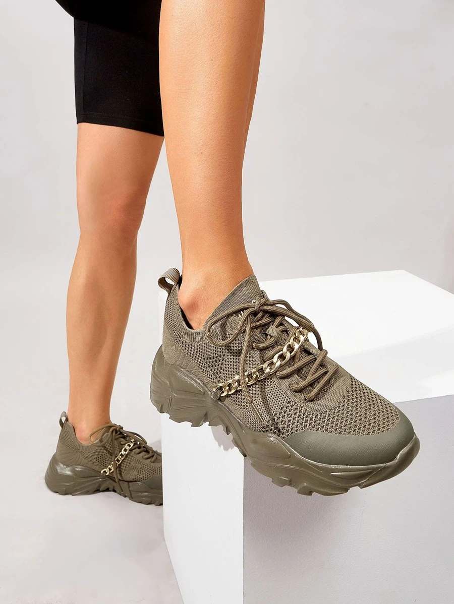 Minimalist Chain Decor Chunky Sneakers Sports Shoes Casual Shoes - Khaki - View 1