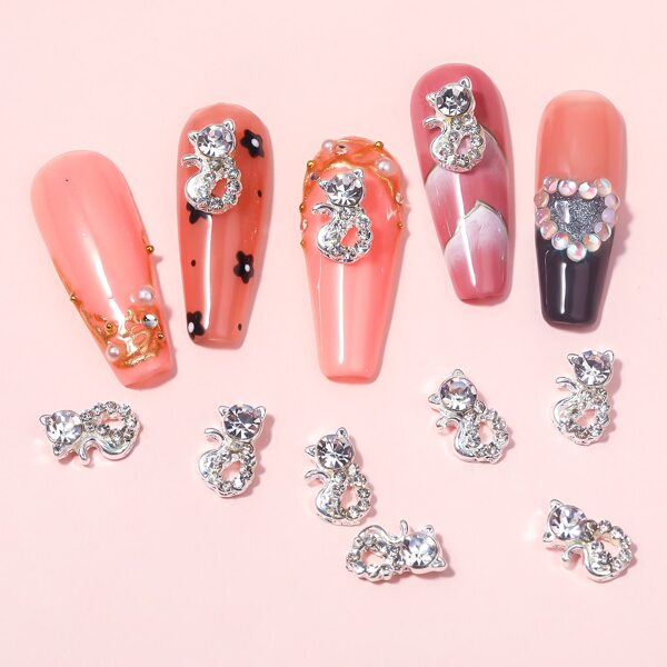 

10pcs Cat Rhinestone Nail Art Decoration, Silver