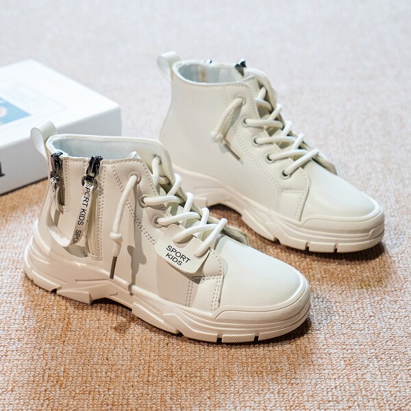 

Girls Letter Graphic Side Zip Combat Boots, White