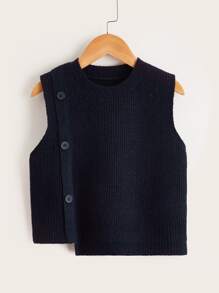 SHEIN Young Boy Button Detail Asymmetrical Hem Sweater Vest - Navy Blue - View 1