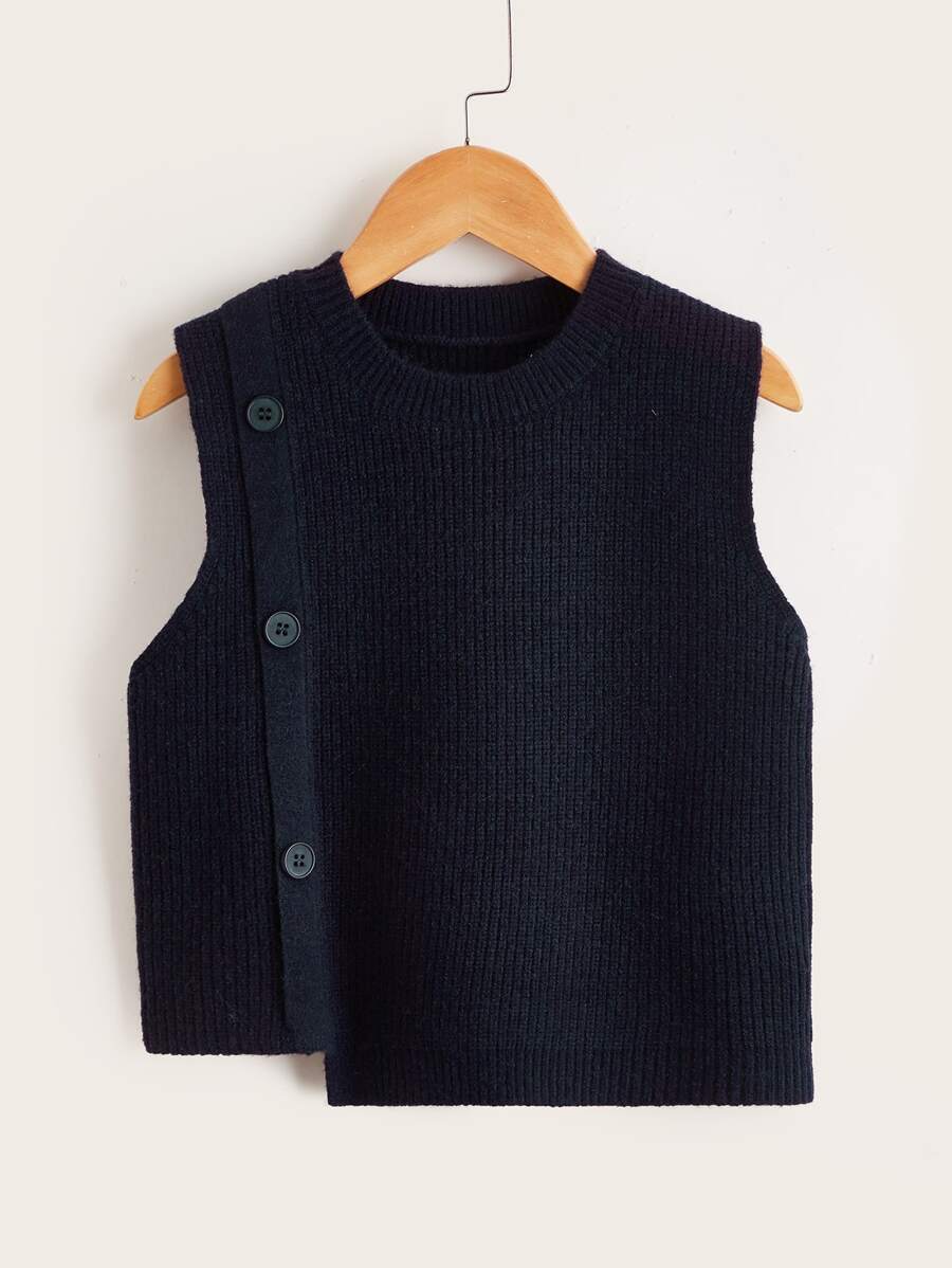 SHEIN Young Boy Button Detail Asymmetrical Hem Sweater Vest - Navy Blue - View 1