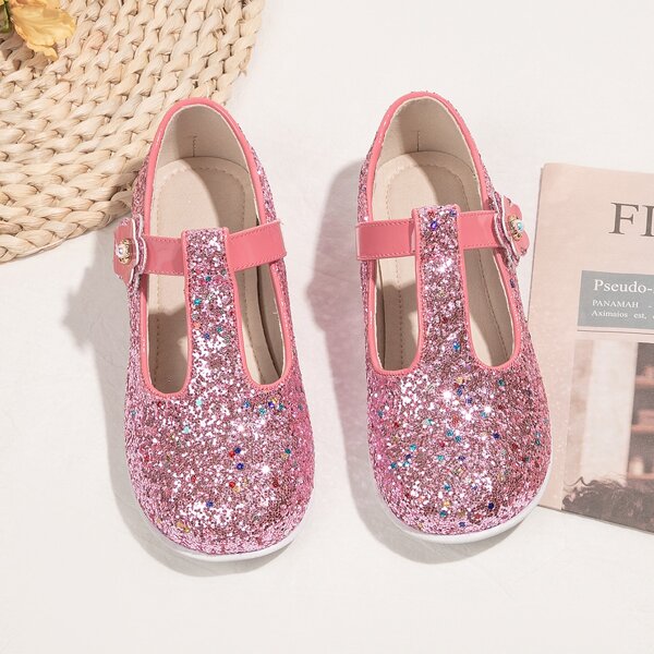 

Girls Glitter Floral Appliques Mary Janes, Hot pink