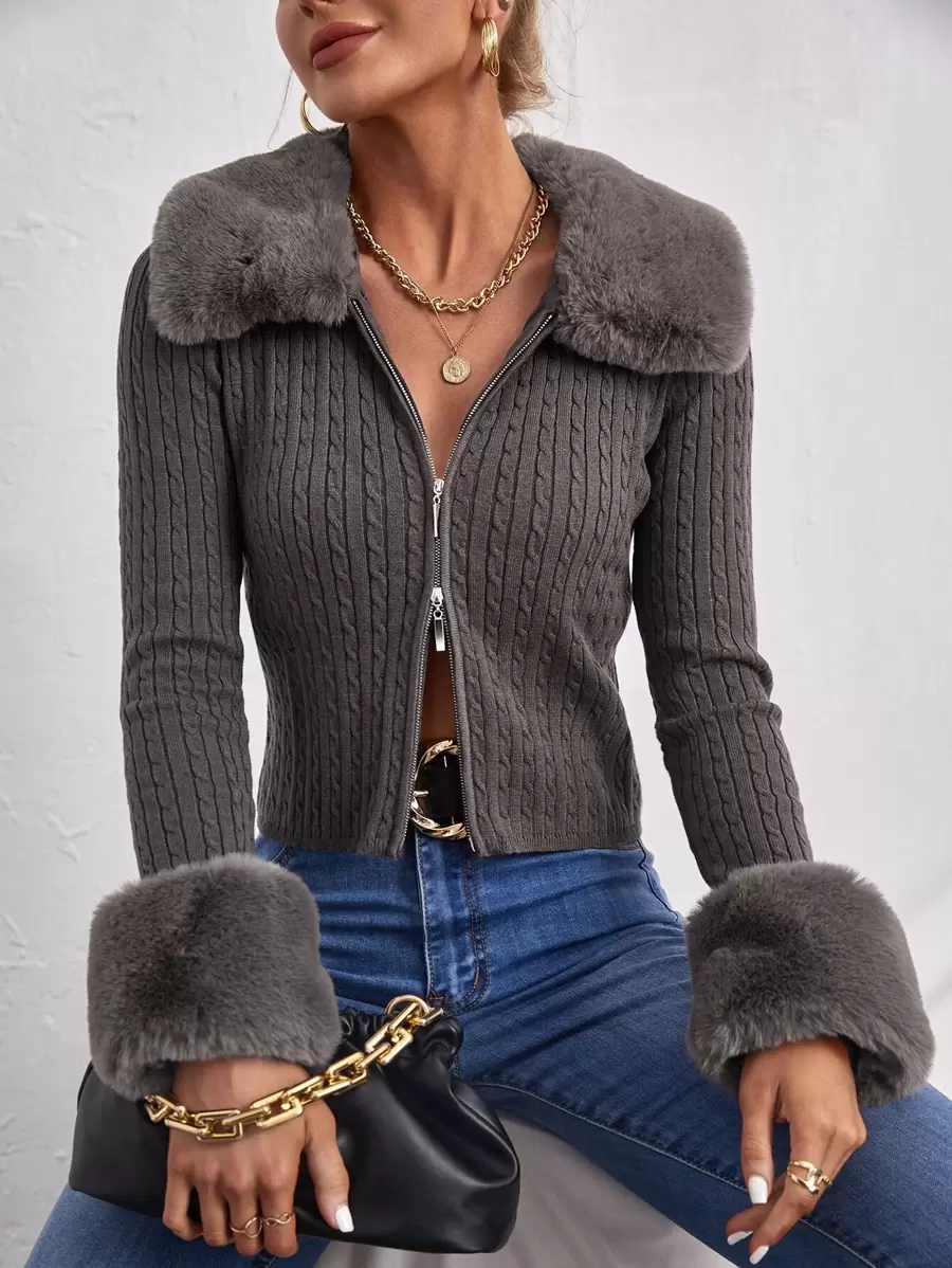 SHEIN BAE Cable Knit Zipper Cardigan With Removable Collar - Dark Grey - View 1
