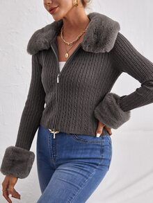 SHEIN BAE Cable Knit Zipper Cardigan With Removable Collar - Dark Grey - View 3