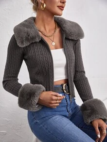 SHEIN BAE Cable Knit Zipper Cardigan With Removable Collar - Dark Grey - View 4