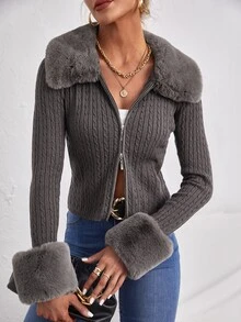 SHEIN BAE Cable Knit Zipper Cardigan With Removable Collar - Dark Grey - View 5