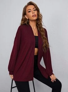SHEIN LUNE Open Front Lantern Sleeve Waffle Knit Cardigan - Burgundy - View 1