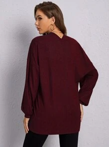 SHEIN LUNE Open Front Lantern Sleeve Waffle Knit Cardigan - Burgundy - View 2