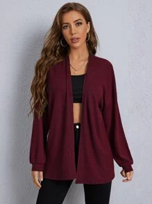 SHEIN LUNE Open Front Lantern Sleeve Waffle Knit Cardigan - Burgundy - View 3