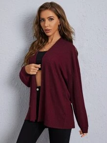 SHEIN LUNE Open Front Lantern Sleeve Waffle Knit Cardigan - Burgundy - View 4