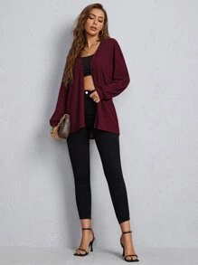 SHEIN LUNE Open Front Lantern Sleeve Waffle Knit Cardigan - Burgundy - View 5