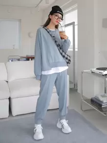 DAZY 素色不對稱下擺運動衫和衛褲 - 藍色 - 查看 1