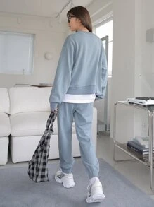 DAZY 素色不對稱下擺運動衫和衛褲 - 藍色 - 查看 2