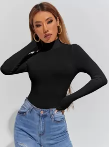 SHEIN PETITE Áo thun nữ màu trơn Giải trí - màu đen - Xem 1