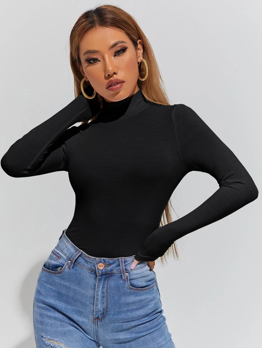 SHEIN PETITE Áo thun nữ màu trơn Giải trí - màu đen - Xem 1