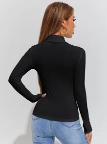 SHEIN PETITE Áo thun nữ màu trơn Giải trí - màu đen - Xem 2