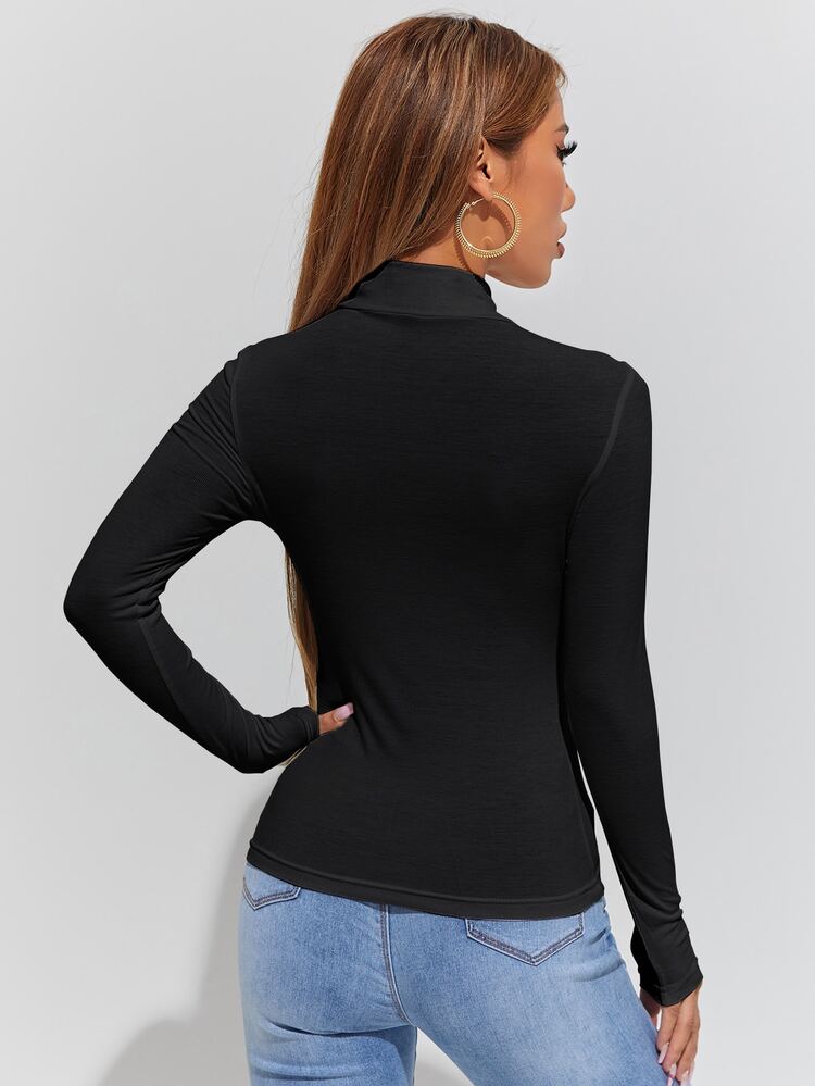 SHEIN PETITE Áo thun nữ màu trơn Giải trí - màu đen - Xem 2