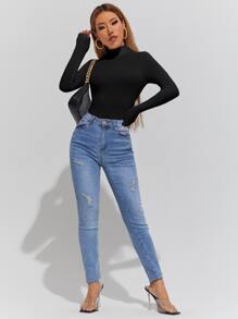 SHEIN PETITE Áo thun nữ màu trơn Giải trí - màu đen - Xem 3