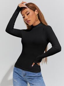 SHEIN PETITE Áo thun nữ màu trơn Giải trí - màu đen - Xem 4