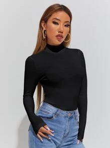 SHEIN PETITE Áo thun nữ màu trơn Giải trí - màu đen - Xem 5