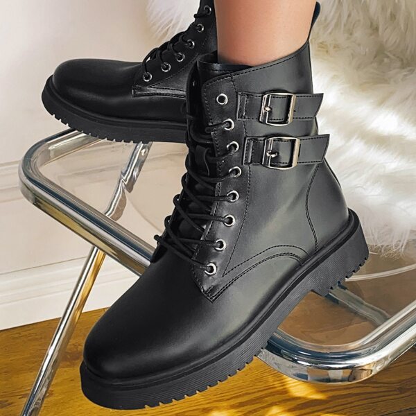 

Buckle Decor Lace-up Front Combat Boots, Black