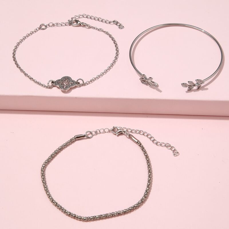 

3pcs Leaf Decor Bracelet, Silver