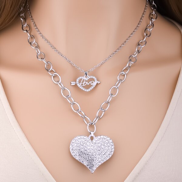 

Rhinestone Heart Charm Layered Necklace, Silver