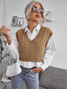 SHEIN Essnce Cable Knit V-neck Sweater Vest - Khaki - View 1