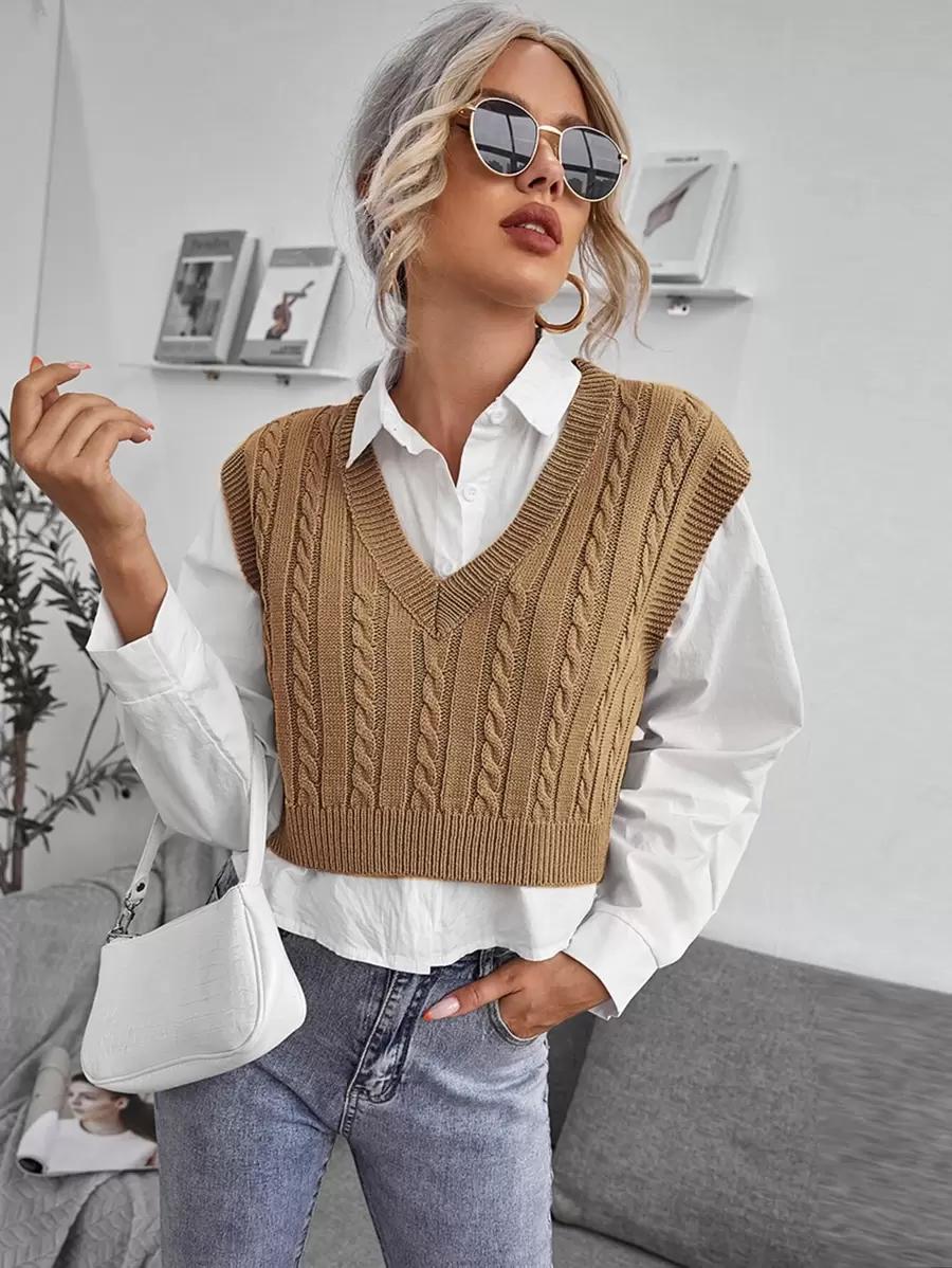 SHEIN Essnce Cable Knit V-neck Sweater Vest - Khaki - View 1