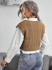 SHEIN Essnce Cable Knit V-neck Sweater Vest - Khaki - View 2