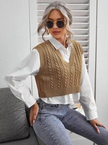 SHEIN Essnce Cable Knit V-neck Sweater Vest - Khaki - View 3