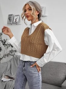 SHEIN Essnce Cable Knit V-neck Sweater Vest - Khaki - View 4