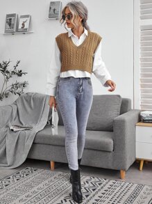 SHEIN Essnce Cable Knit V-neck Sweater Vest - Khaki - View 5