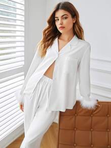 Solid Fuzzy Cuff Lapel Neck PJ Set / Pajama Set White Set - White - View 1