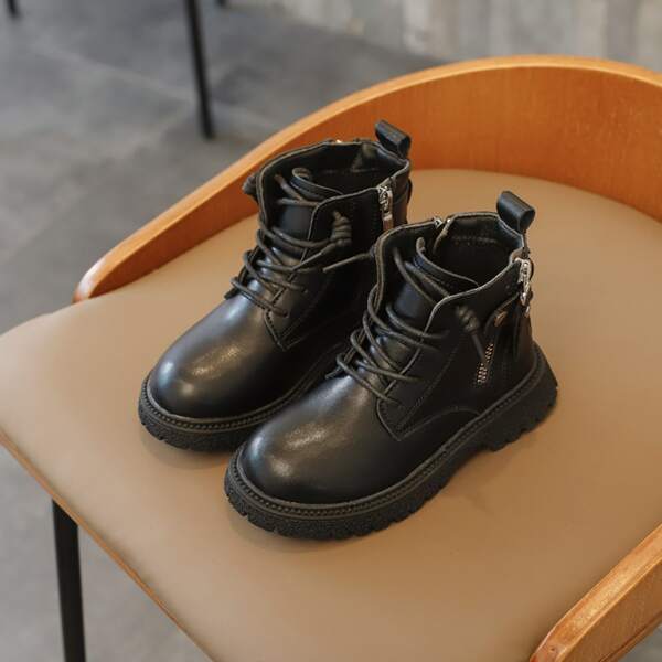 

Girls Lace Up Design Side Zipper Combat Boots, Black