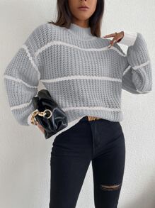 SHEIN Unity Áo len nữ Sọc Giải trí - Màu Xám nhạt - Xem 3