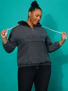 Cazadora mezclilla de hombros caídos medio con aro O cremallera con cordón con capucha con forro teddy - Gris Oscuro - Ver 1