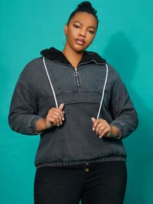 Cazadora mezclilla de hombros caídos medio con aro O cremallera con cordón con capucha con forro teddy - Gris Oscuro - Ver 3