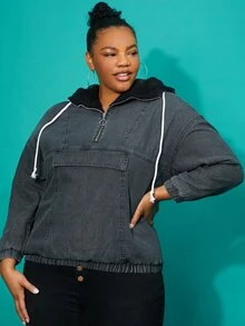 Cazadora mezclilla de hombros caídos medio con aro O cremallera con cordón con capucha con forro teddy - Gris Oscuro - Ver 4