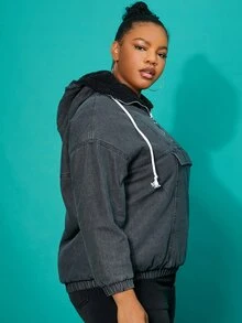 Cazadora mezclilla de hombros caídos medio con aro O cremallera con cordón con capucha con forro teddy - Gris Oscuro - Ver 5