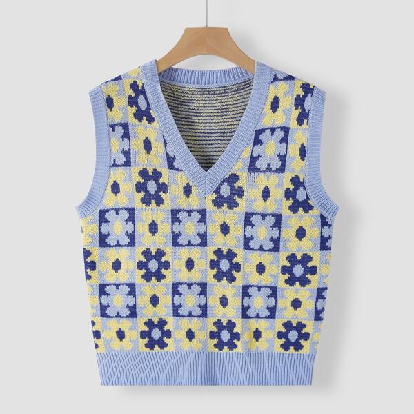 

Geo & Floral Pattern Sweater Vest, Multicolor