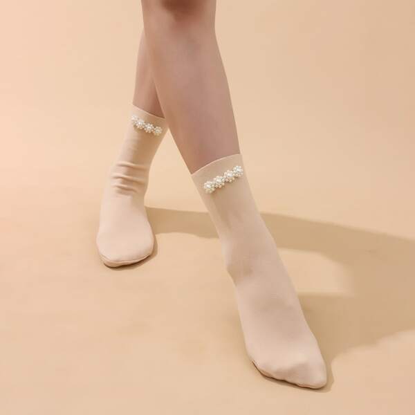 

Faux Pearl Decor Crew Socks, Camel