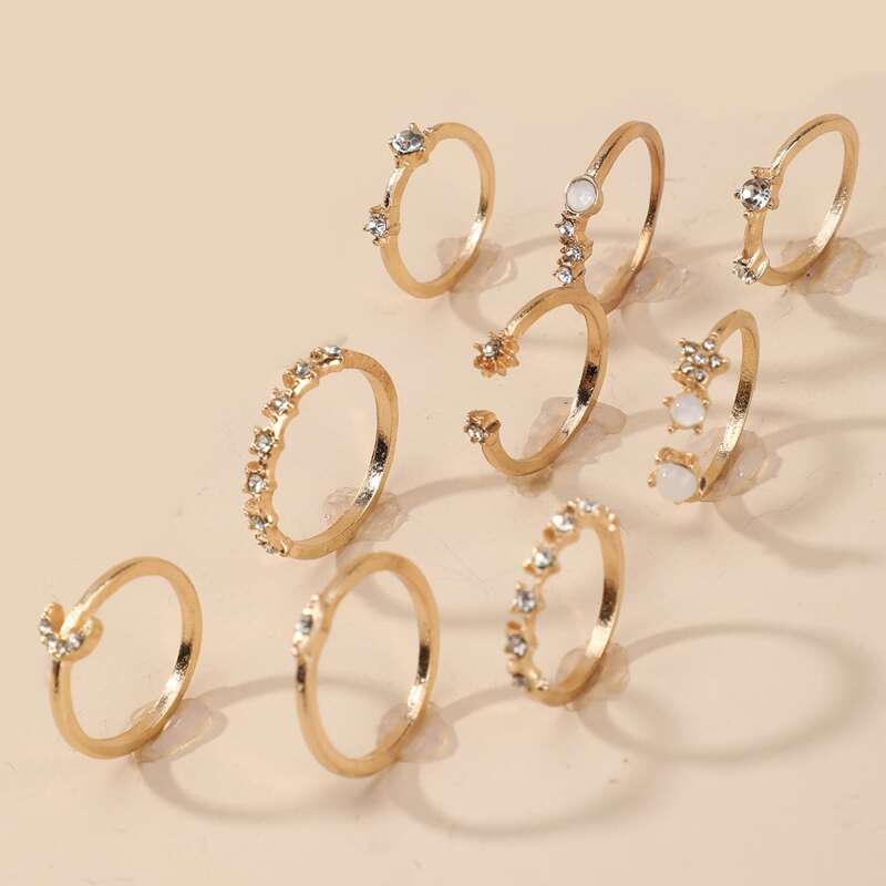 

9pcs Rhinestone Decor Ring, Gold