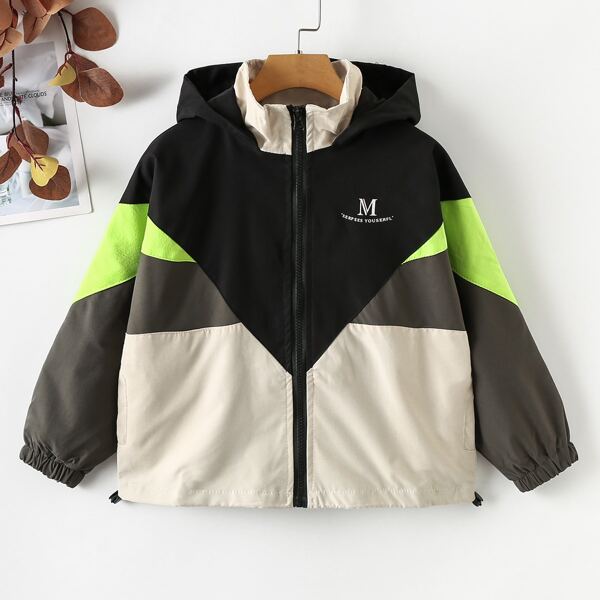

Toddler Boys Letter Graphic Color Block Drawstring Hem Hooded Wind Jacket, Multicolor