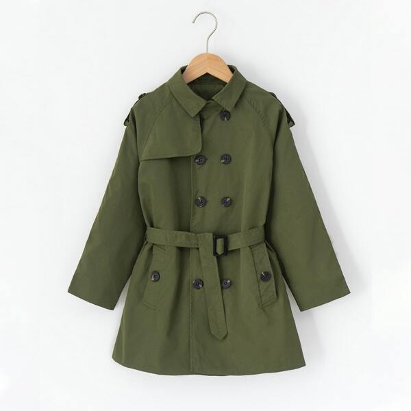 

Girls Double Breasted Belted Trench Coat, Army green