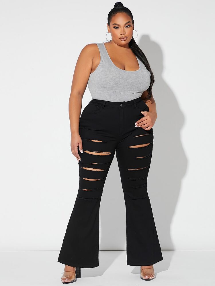 SHEIN SXY Jeans de pierna amplia roto - Negro - Añade 3