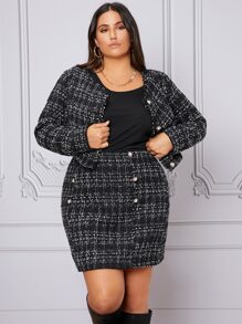 SHEIN Plus Plaid Pattern Tweed Jacket & Double Breasted Skirt - Black - View 1