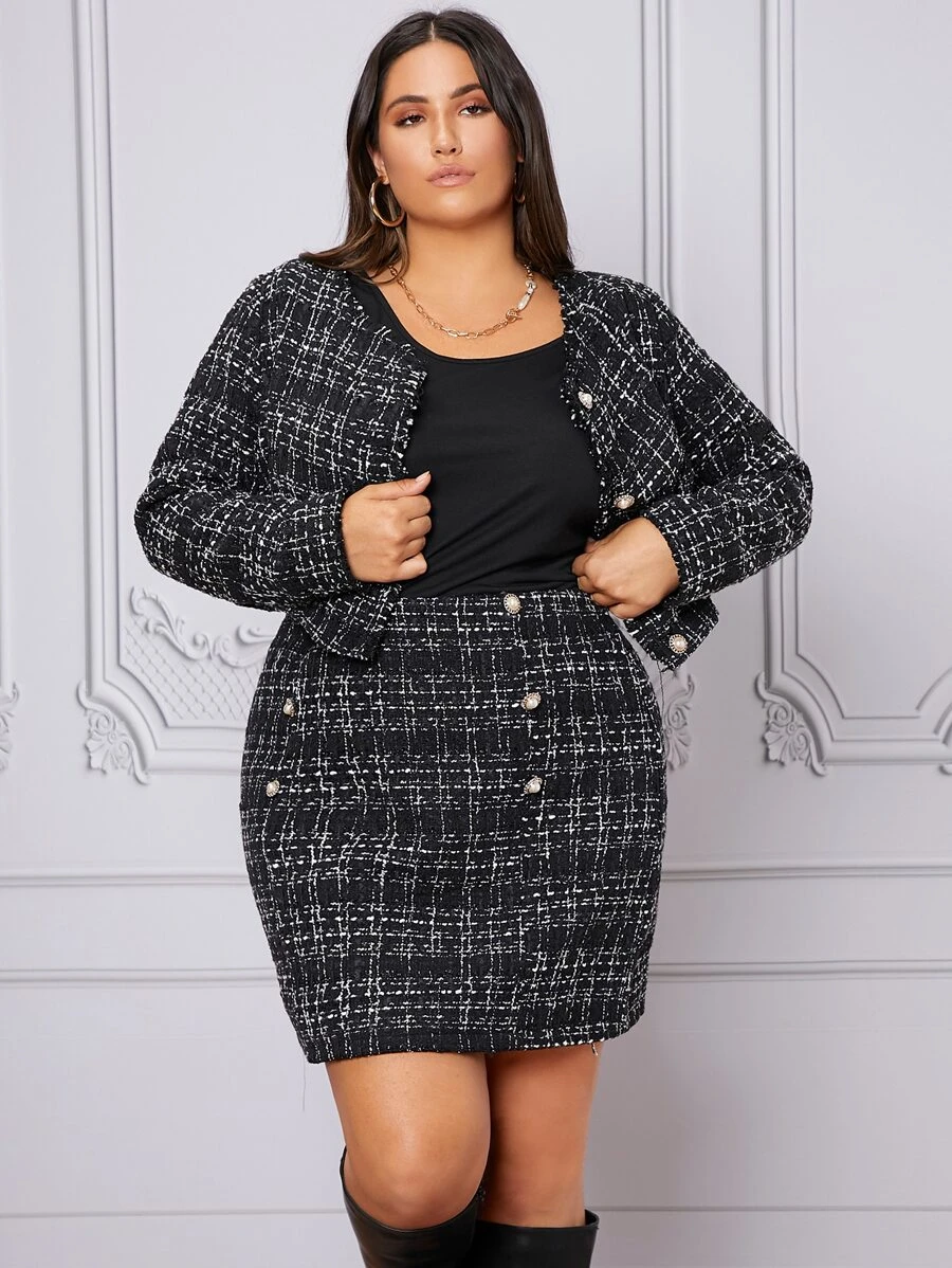 SHEIN Plus Plaid Pattern Tweed Jacket & Double Breasted Skirt - Black - View 1